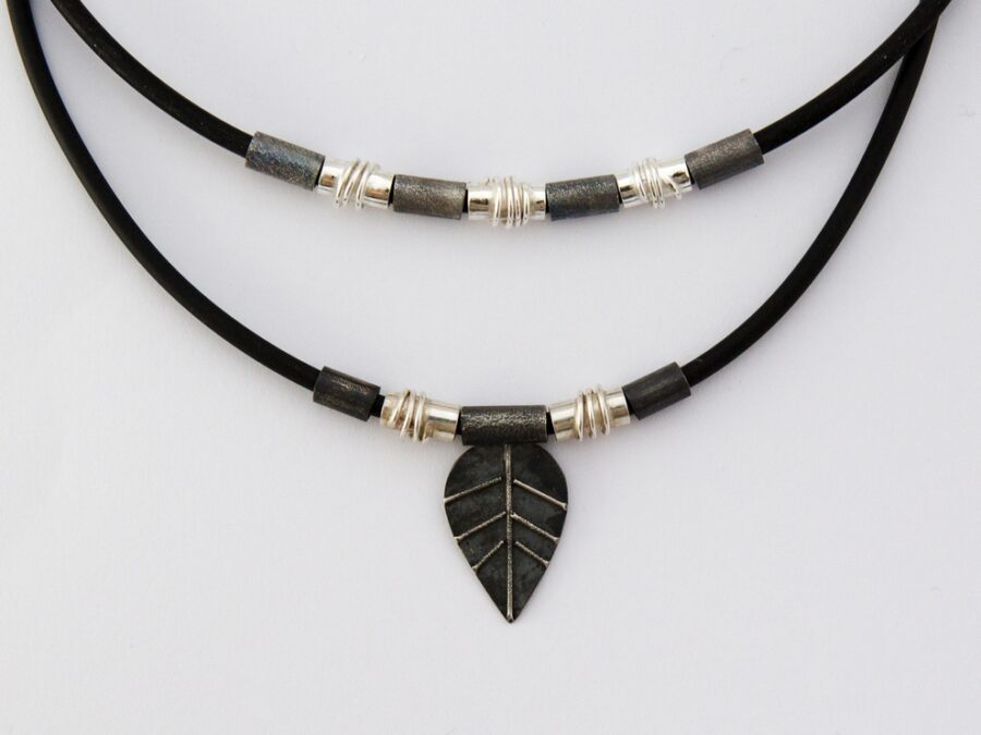 Oxidised Silver on rubber necklace by Judith Price